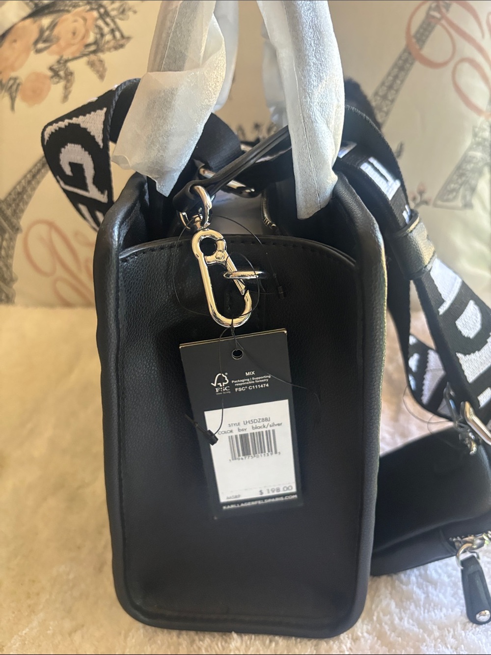 NWT Karl Lagerfeld Black Embossed Shoulder Bag, W Pouch / EarPods - Picture 2 of 4